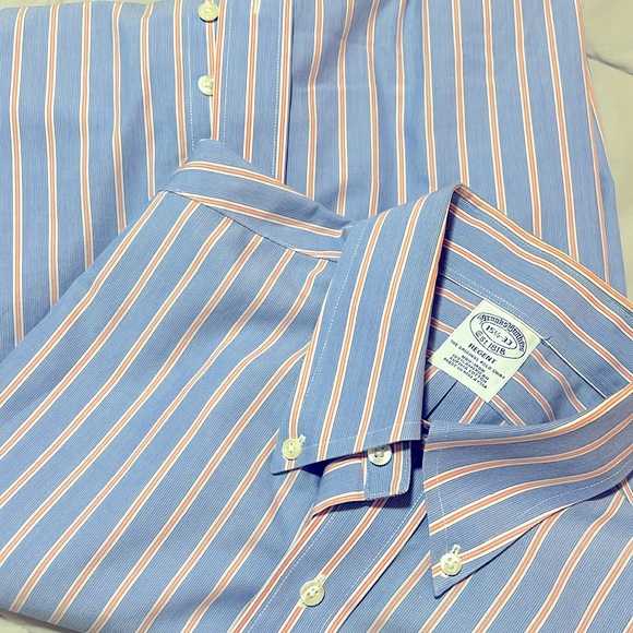 BROOKS BROTHERS BLUE /ORANGE STRIPED PREMIUM COTTON DRESS SHIRT NWOT - Picture 3 of 8